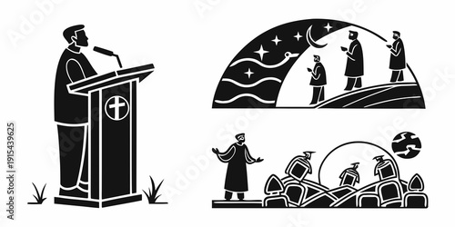 A diverse group of people gathered around a globe with a podium in the foreground Vector