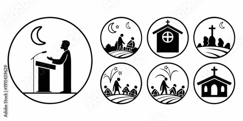 Illustration of a person preaching with various symbols representing different aspects of religion Vector
