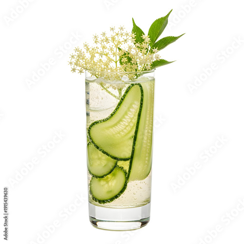 Cucumber Elderflower Sparkling Water 3D Render - Refreshing Spa Water, Detox Infused Drink, Elegant Cucumber Beverage, Wellness Water Menu Photography, Herbal Infusion Glass, Summer Hydration Drink