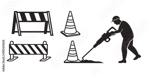 A man is using a jackhammer on the road near traffic cones and barriers Vector