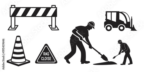 Construction workers are repairing a road while a truck passes by. Vector