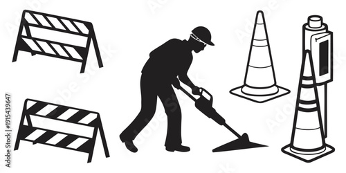 A man is sweeping the road near roadworks and traffic cones Vector