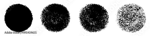 Set of four black grainy circle textures on white. Rough ink stamp spots with speckled noise, fade and vignette effects. Ideal overlay for posters, packaging, and backgrounds with print distress look.