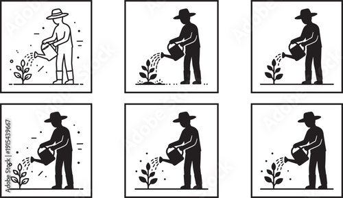 Gardening scenes silhouettes set, farmer watering plant agriculture growth black vector icon collection isolated