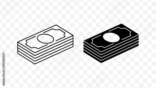 Stacks of paper currency in black and white isolated on transparent background