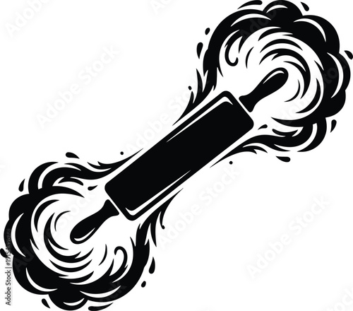 Stylized black rolling pin with dynamic splash effects vector illustration.
