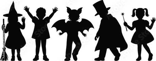 Kids Halloween costume silhouettes set, witch vampire bat and fairy children isolated on white background illustration