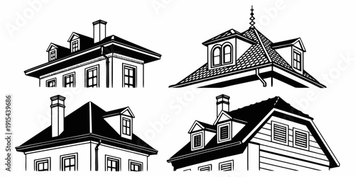 Four distinct houses showcasing various architectural styles and roof designs Vector