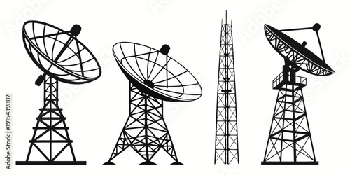 Three different types of satellite dishes and a telecommunications tower Vector