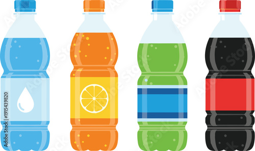 Assorted Plastic Beverage Bottles Set with Mineral Water, Orange Juice, Lime Soda, and Cola Drinks for Refreshment Menus, Product Packaging, and Retail Graphic Designs