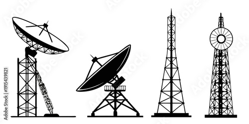 A collection of various satellite dishes and communication towers Vector