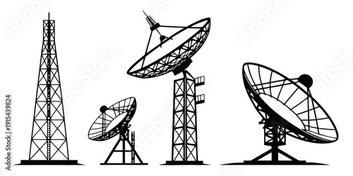 Various types of communication towers and satellite dishes in a line Vector