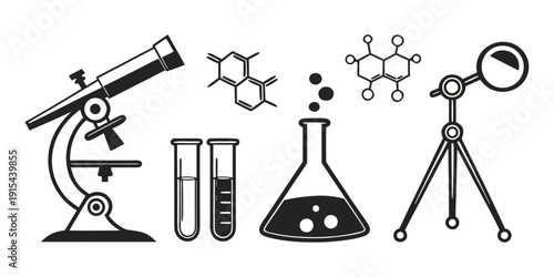 Scientific equipment including microscopes, telescopes, and beakers for laboratory experiments. Vector