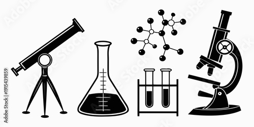 Scientific tools and elements representing the fields of physics, chemistry, and biology Vector