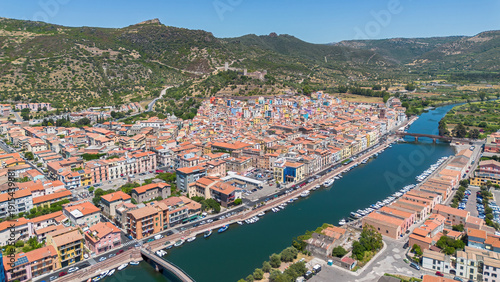 Tableau sur toile Aerial view of the colorful medieval town of Bosa and the Temo river in Sardinia