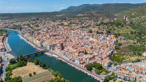 Aerial view of the colorful medieval town of Bosa and the Temo river in Sardinia, Italy