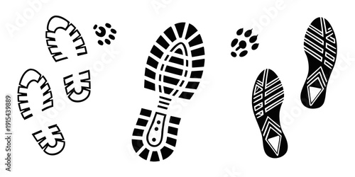 A collection of various footprints in a row, each with distinct patterns and shapes. Vector