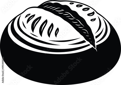Black and white woodcut style illustration of a sourdough bread loaf.