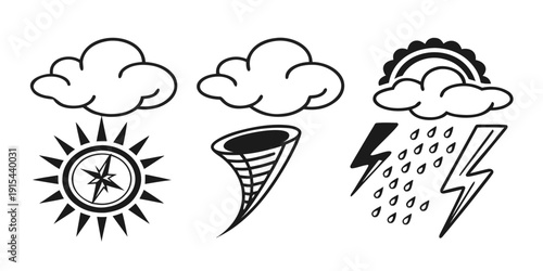 Illustrations of various weather conditions including sunshine, clouds, rain, and storms Vector