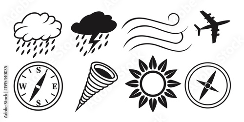 Weather and travel icons depicting various conditions and activities Vector