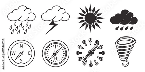 Diverse weather icons showcasing various atmospheric conditions and phenomena Vector