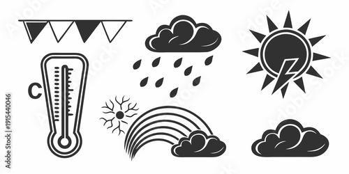Illustrations of various weather conditions and a thermometer Vector