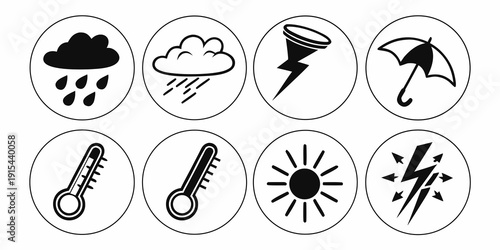 Weather icons representing different atmospheric conditions and natural phenomena. Vector