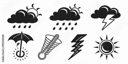 A collection of weather icons depicting various types of weather conditions and elements Vector