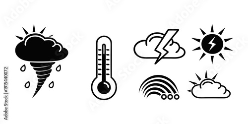 Diverse weather conditions illustrated with simple black and white icons. Vector