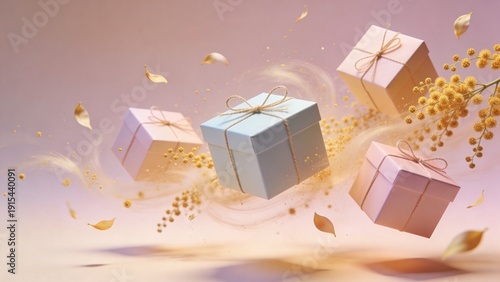 Pastel gift boxes tied with golden twine float among mimosa sprigs and drifting petals on a soft gradient background, conveying dreamy spring celebration vibes ideal for ads, banners, and branding.