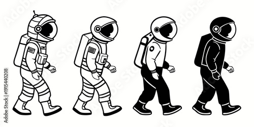 Illustration of four figures in different stages of transformation from astronauts to everyday people Vector