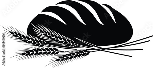 Black and white graphic icon of a loaf of bread with wheat stalks.