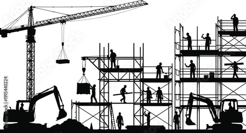 Construction Site Silhouette with Crane Excavator and Workers Building Structure Vector Illustration Isolated on Light Background