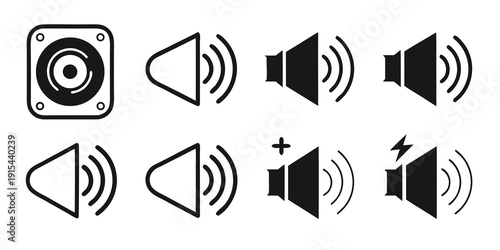 Assorted speaker and volume control icons in a row Vector