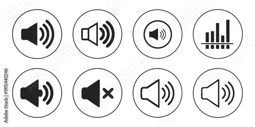 A collection of various audio and sound control icons in a single row. Vector