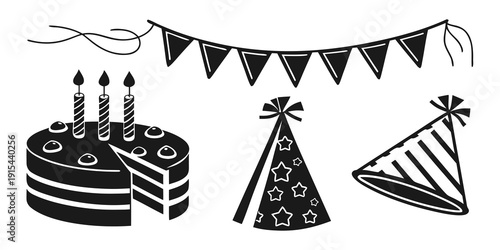 A delightful birthday party scene featuring a cake, hats, and decorations Vector