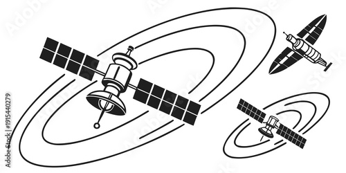 Three satellites orbiting around a central point in a space environment. Vector