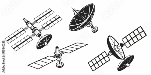A collection of various satellites orbiting in outer space. Vector