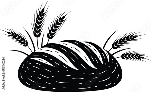 Artisanal bread loaf with wheat stalks in a vintage woodcut style illustration.
