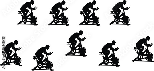 Indoor cycling silhouette set with spinning bike riders, fitness training concept, cardio workout exercise, gym sport activity, healthy lifestyle and endurance motivation