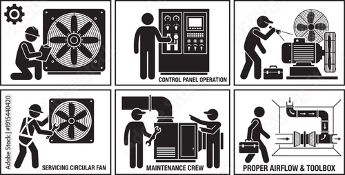 Industrial ventilation maintenance procedures, sequential steps with technicians servicing fans control panels airflow systems vector illustration