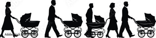 Parents walking with baby stroller silhouettes, family life concept, motherhood and fatherhood, childcare routine, urban parenting lifestyle and newborn care activity