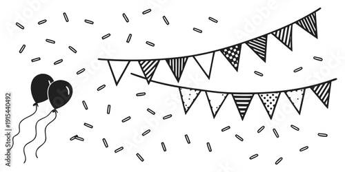 A whimsical illustration of a black balloon floating amidst falling snowflakes and colorful triangular flags. Vector