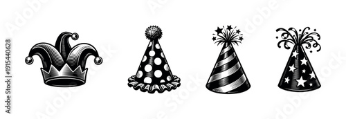 Flat vector icons set: party hat collection with celebration and festive designs