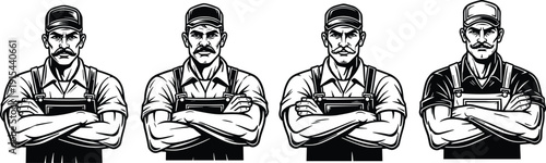 Strong mechanic or construction worker portrait set, crossed arms confident tradesman in cap and overalls, black and white vector illustration