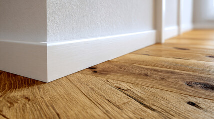 Modern white baseboard trim paired with natural wooden floor planks showcasing texture and warm tones in contemporary interior design setting
