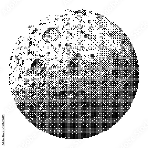 Grunge bitmap texture star or planet isolated on transparent background. Black and white pixel art moon with digital grid pattern. Vector illustration 
