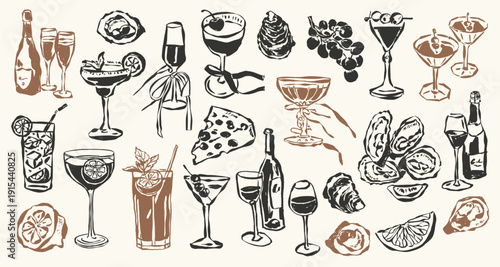 Whimsical sketch style cocktail and drinks vector illustration set. Art for postcards, greeting cards, menu, logo design, background.	