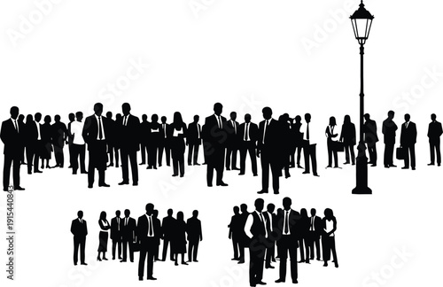 Business people silhouettes standing in urban setting with street lamp, corporate crowd concept, teamwork communication, professional networking, leadership and workplace diversity