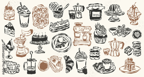 Ink drawing coffee and desserts illustration set. Doodles for menu, restaurant or cafe branding, postcards, greeting cards.	